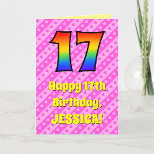 17th Birthday: Pink Stripes & Hearts, Rainbow # 17 Card