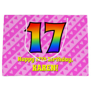 17th Birthday: Pink Stripes & Hearts, Rainbow # 17 Large Gift Bag