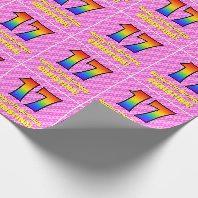 17th Birthday: Pink Stripes & Hearts, Rainbow # 17 Wrapping Paper (Corner)