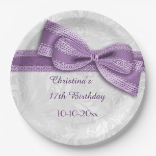 17th Birthday Purple Damask and Faux Bow Paper Plate