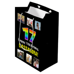 17th Birthday: Rainbow “17“, Custom Photos & Name Medium Gift Bag