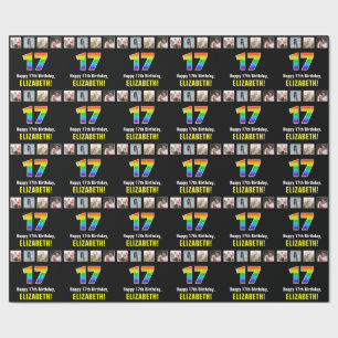 17th Birthday: Rainbow “17“; Custom Photos & Name Wrapping Paper