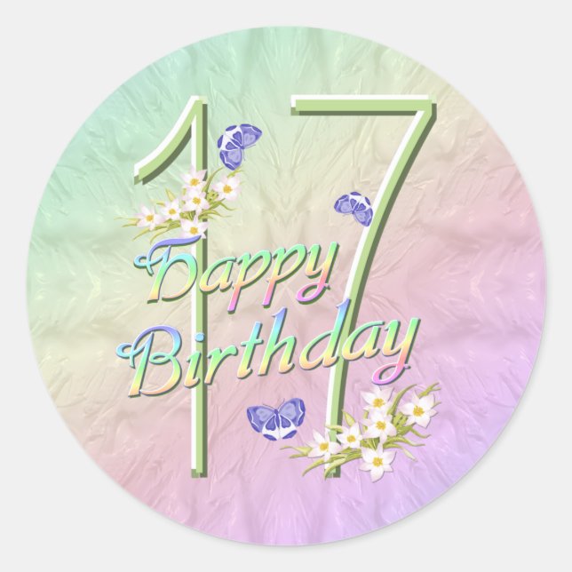 17th Birthday Rainbow and Butterflies Round Sticke Classic Round Sticker (Front)