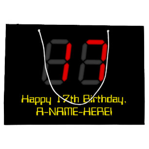 17th Birthday: Red Digital Clock Style "17" + Name Large Gift Bag