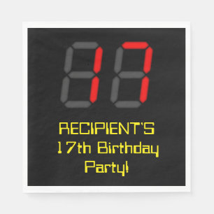 17th Birthday: Red Digital Clock Style "17" + Name Napkin