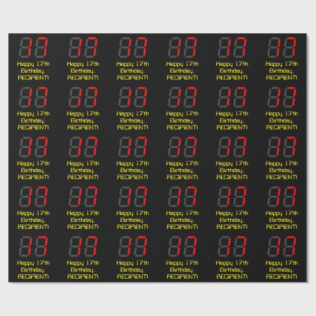 17th Birthday: Red Digital Clock Style "17" + Name Wrapping Paper (Flat)