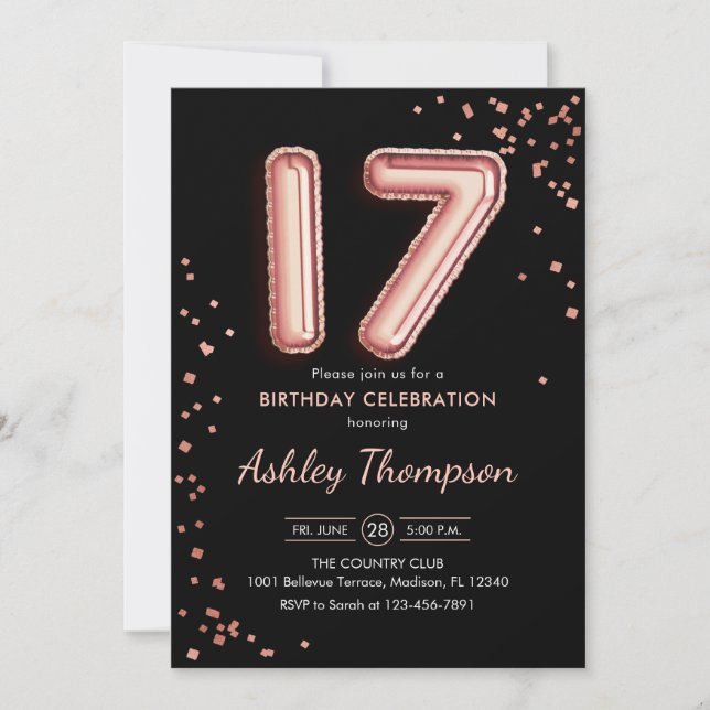 17th Birthday - Rose Gold Balloons Black Invitation (Front)
