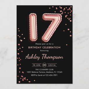 17th Birthday - Rose Gold Balloons Black Invitation