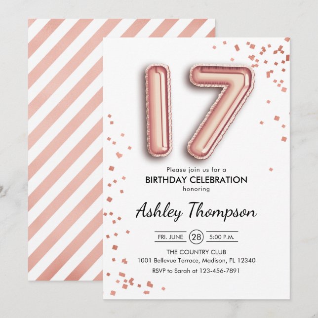 17th Birthday - Rose Gold Balloons Invitation (Front/Back)
