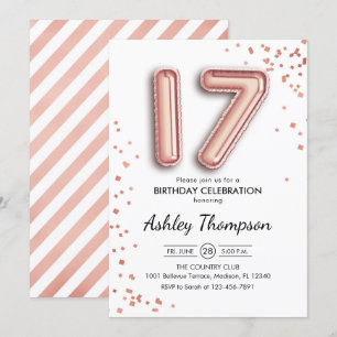 17th Birthday - Rose Gold Balloons Invitation