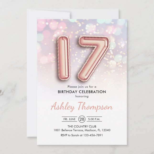 17th Birthday - Rose Gold Balloons Pink Lights Invitation (Front)