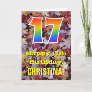 17th Birthday; Rustic Autumn Leaves; Rainbow "17" Card