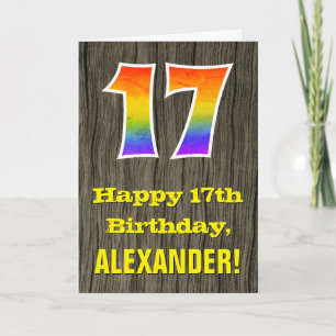 17th Birthday: Rustic Faux Wood Look, Rainbow "17" Card