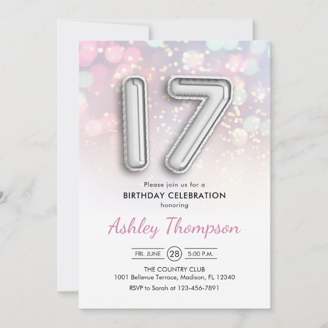 17th Birthday - Silver Balloons Pink Lights Invitation (Front)