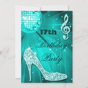 17th Birthday Sparkle Heels and Teal Disco Ball Invitation