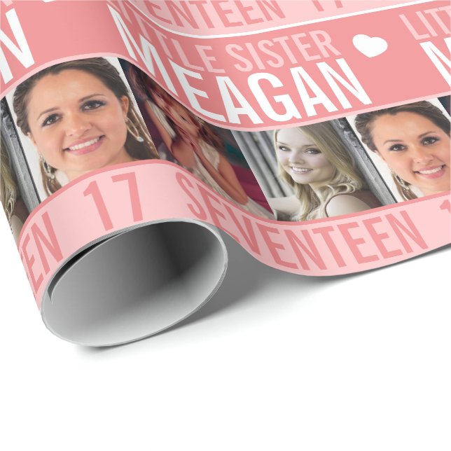 17th birthday three photos coral little sister wrapping paper (Roll Corner)
