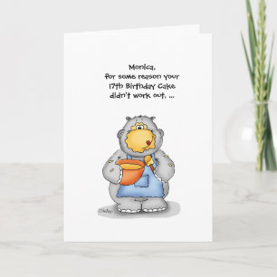 17th Birthday with baking Hippo - Personalise Card