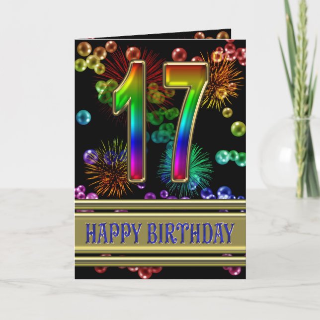 17th Birthday with rainbow bubbles and fireworks Card (Front)