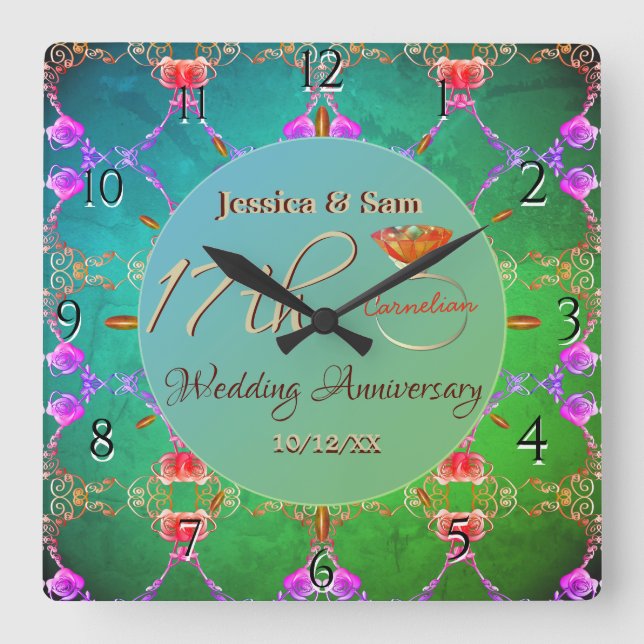 17th Carnelian Wedding Anniversary   Square Wall Clock (Front)