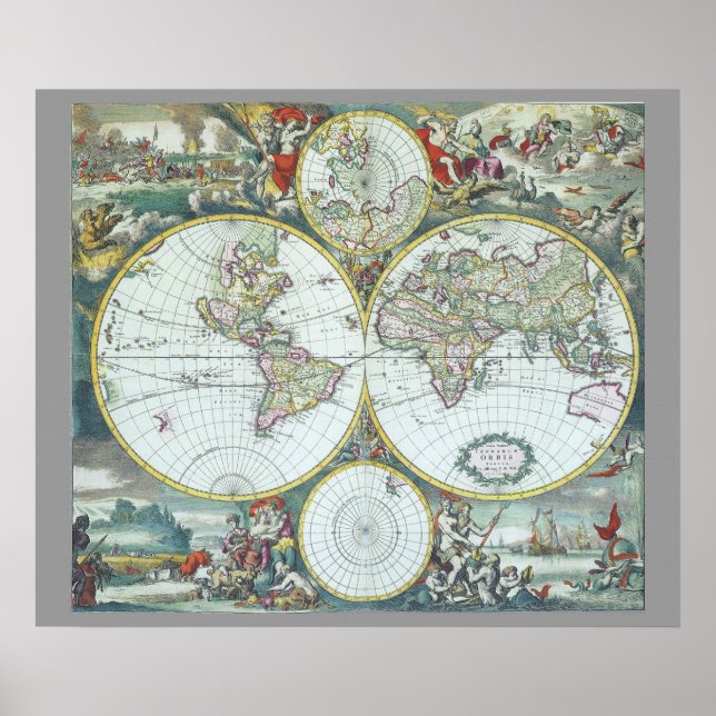17th Century Antique World Map, Frederick De Wit Poster (Front)