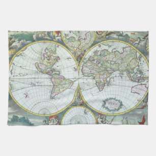 17th Century Antique World Map, Frederick De Wit Tea Towel