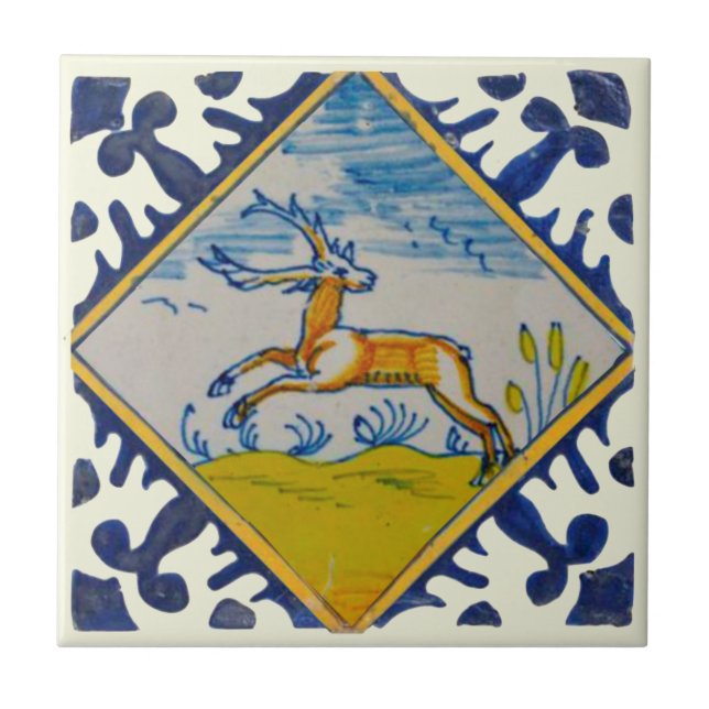 17th Century Delft Deer Handpainted Reproduction Tile (Front)