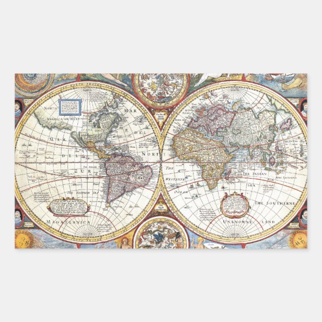 17th Century Dual Hemisphere World Map Rectangular Sticker (Front)