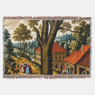17th Century Needlepoint Style Pastoral Scene Throw Blanket