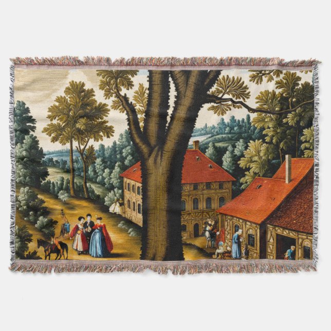 17th Century Needlepoint Style Pastoral Scene Throw Blanket (Front)