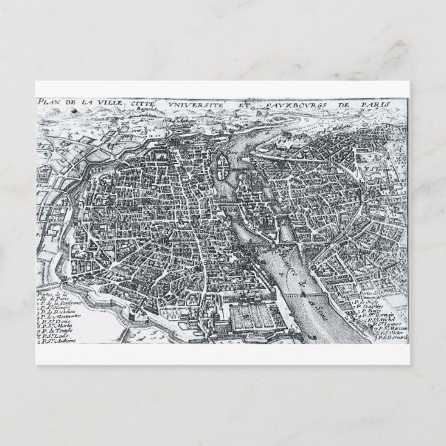 17th Century Street Map of Paris, France Postcard (Front)