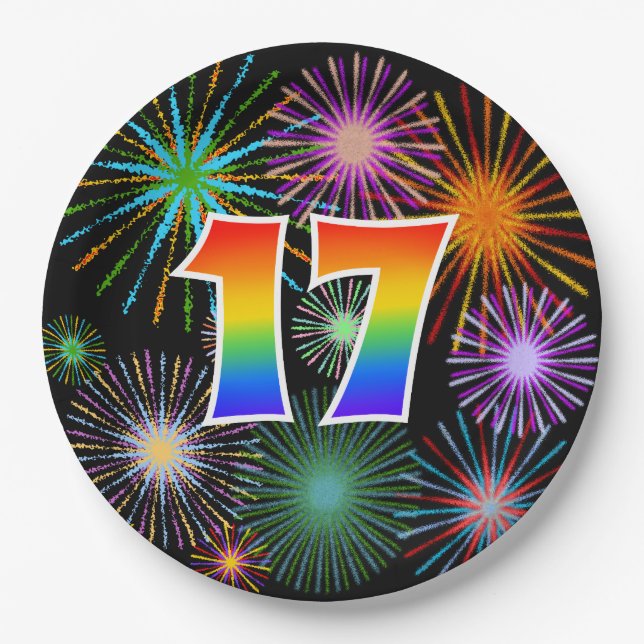 17th Event - Fun, Colorful, Bold, Rainbow 17 Paper Plate (Front)