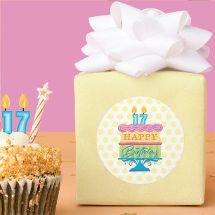 17th Happy Birthday Cake Yellow Dots Classic Round Sticker