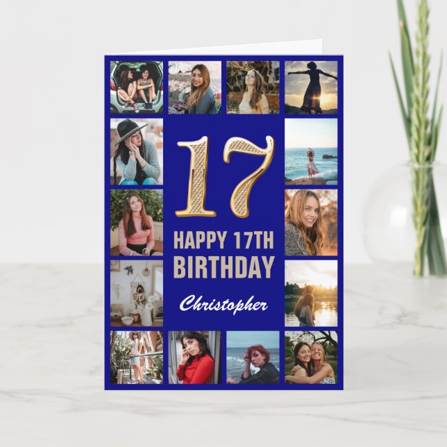 17th Happy Birthday Navy Blue & Gold Photo Collage Card (Front)