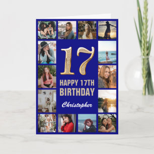 17th Happy Birthday Navy Blue & Gold Photo Collage Card