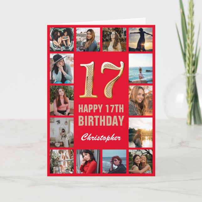 17th Happy Birthday Red and Gold Photo Collage Card (Front)