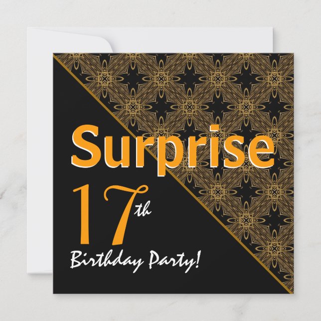17th Surprise Birthday Black and Gold Diagonal Invitation (Front)