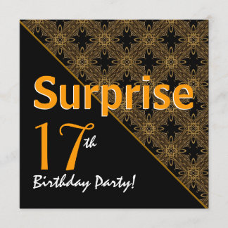 17th Surprise Birthday Black and Gold Diagonal Invitation