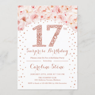 17th Surprise Birthday Party - White Rose Gold Invitation