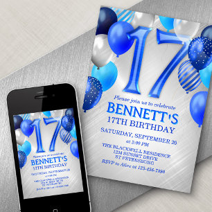 17th Teen Boy Blue Birthday Invitation