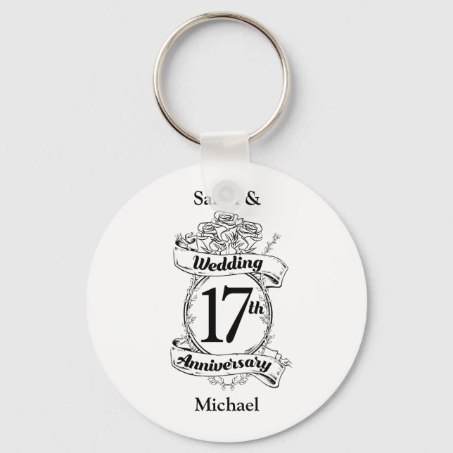17th Wedding Anniversary Black and White Roses Key Ring (Front)