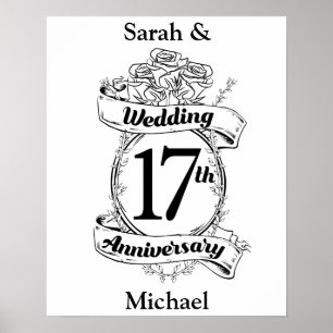 17th Wedding Anniversary Black and White Roses Poster