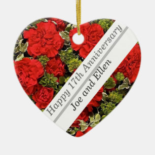 17th Wedding Anniversary, Red Carnations Ceramic Tree Decoration