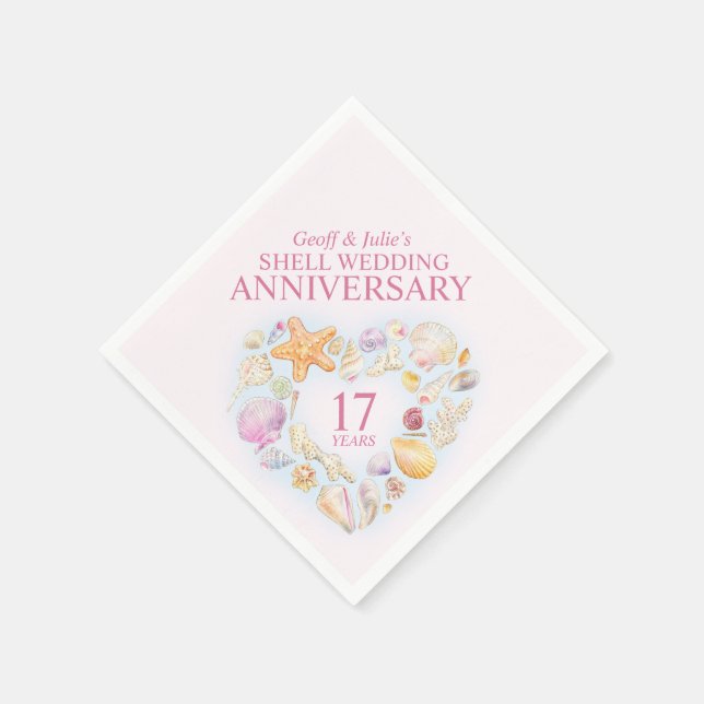 17th wedding anniversary shells watercolor heart napkin (Corner)