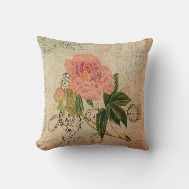1800s French Handwriting Pink Peony Vintage Art Cushion (Front)