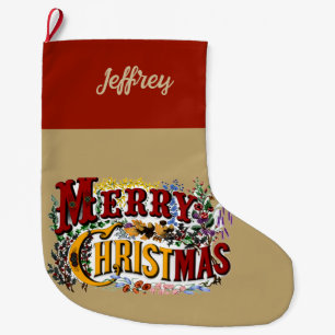 1800s Vintage Merry Christmas   Colourful Large Christmas Stocking