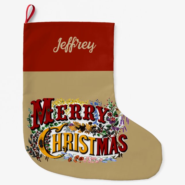 1800s Vintage Merry Christmas | Colourful Large Christmas Stocking (Front)