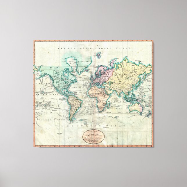 1801 Cary Map of the World on Mercator Projection Canvas Print (Front)