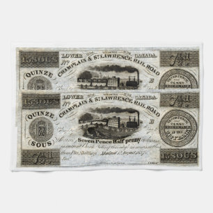 1837 Canadian Railroad Currency Tea Towel