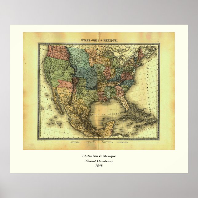 1848 Thunot Duvotenay Map:  Etats-Unis & Mexique Poster (Front)