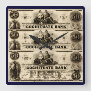 1853 Cochituate Fifty Dollar Note Square Wall Clock